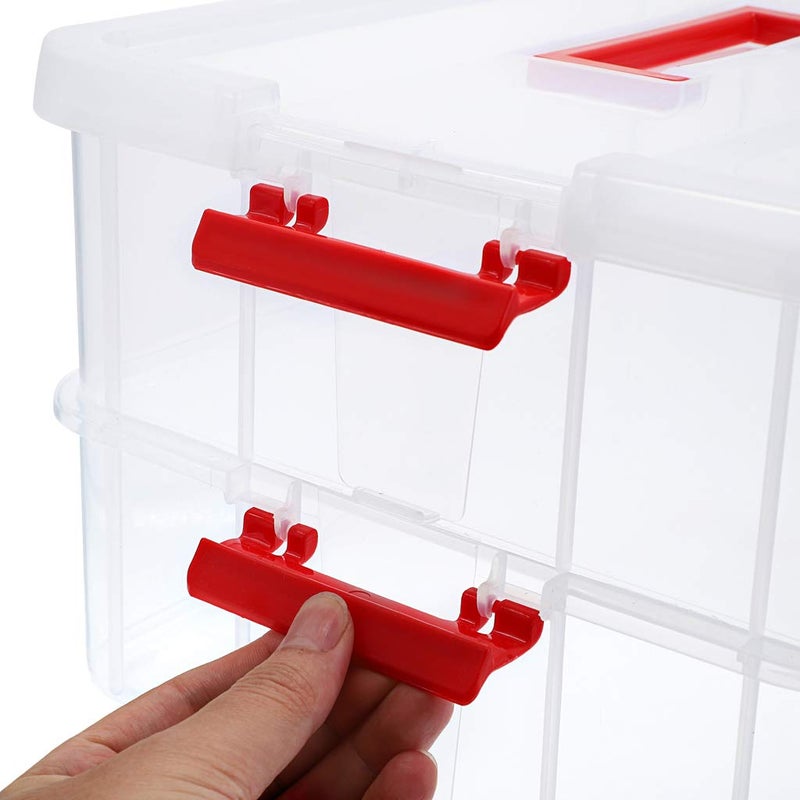 JUXYES 2-Tiers Stack Carry Storage Box With Handle, Transparent Stackable Storage Bin With Handle Lid Latching Storage Container for School & Office Supplies (Red) - Image 5